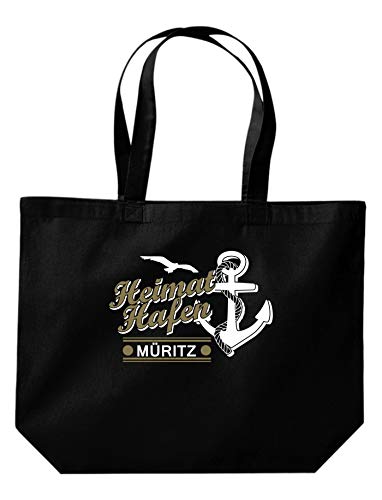 Shirtinstyle Beutel Tasche, Heimat Hafen Müritz Tasche Großer Beutel, Jute, Shopper, Beutel, Tasche, Urlaub, Meer, See, Heimatort, Urlaub, Zu Haus, Farbe Schwarz von Shirtinstyle