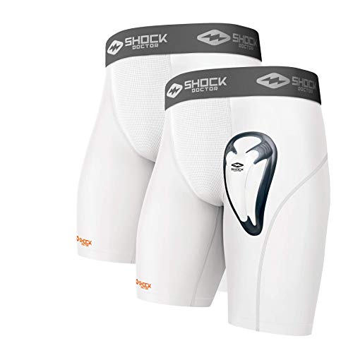 Shock Doctor Herren Adult Kompressions-Shorts mit BioFlex-Cup, 2er-Pack, Weiss/opulenter Garten, Large von Shock Doctor