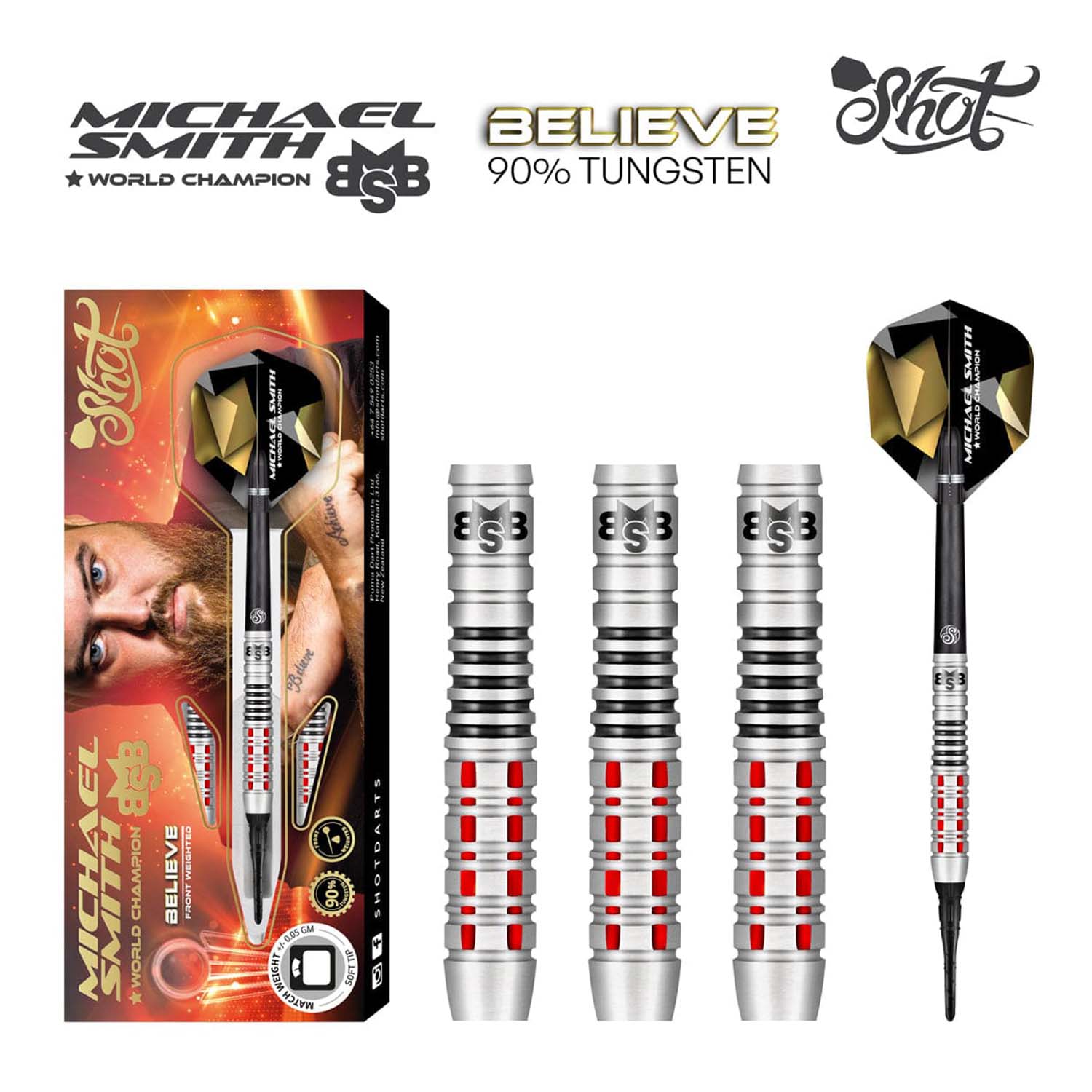 Shot Michael Smith 90% Believe Softdarts 20g 18g von Shot Darts