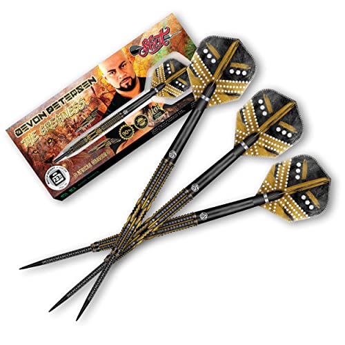 Shot! darts devon petersen greatness 90% wolfram pro dartpfeile stahlspitze set, professionell - made in neuseeland - designed dart flights für damen & herren - metallspitze bar darts für erwachsene von Shot!