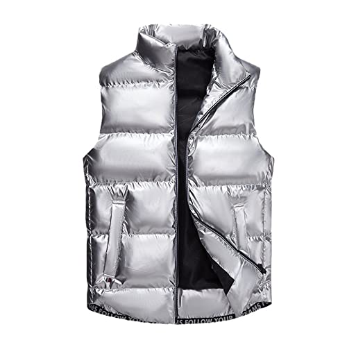 Shouqiao Glänzende Herren-Daunenweste Mit Stehkragen Für Den Winter Im Freien Gepolsterte Weste Warm Verdicken Reißverschluss Ärmellose Jacke Mit Taschen Silber 3XL von Shouqiao