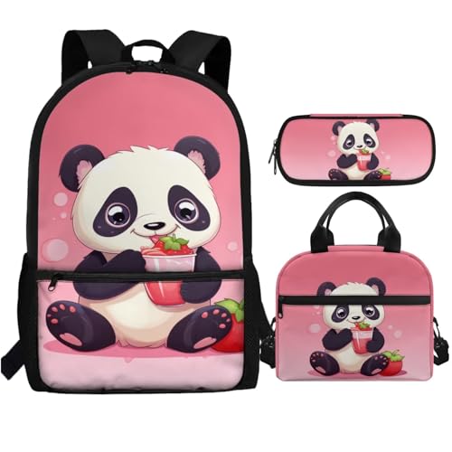 Showudesigns Kinder-Rucksack mit Lunchbox für Mädchen 8-10 10-12 Jungen Federmäppchen Set 3 in 1, Panda, Einheitsgröße, Tagesrucksäcke von Showudesigns