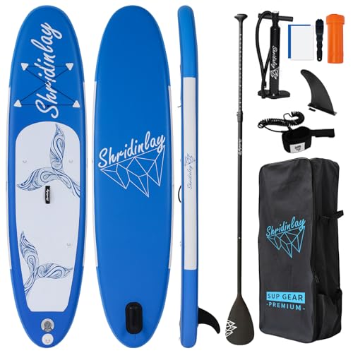 Aufblasbares Stand Up Paddle Board - kommt mit verstellbarem Kajakpaddel, Flossen, Fußleine, Pumpe und isup Reiserucksack, geeignet für Jugendliche und Erwachsene (320 x 76 x 15 cm, blau) von Shridinlay