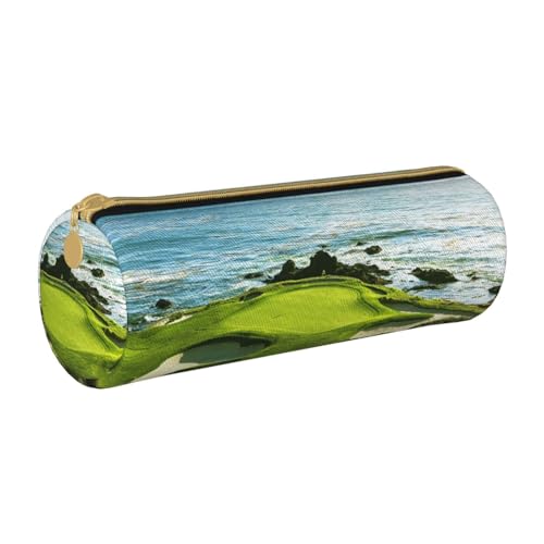 Shunieg Beach Golf Course Round Leather Pencil Case - Large Capacity Pencil Case for Boys and Girls, weiß, Einheitsgröße, Schulranzen von Shunieg