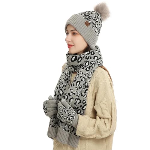 Schals Damen Tücher Halstuch Scarf Handschuh Bildschirm Männer Frauen 3Pc Set Outdoor Halten Warm Schal Hut Gestrickt Verdicken Beanie Cap Schal 3-Grau von SiVaji