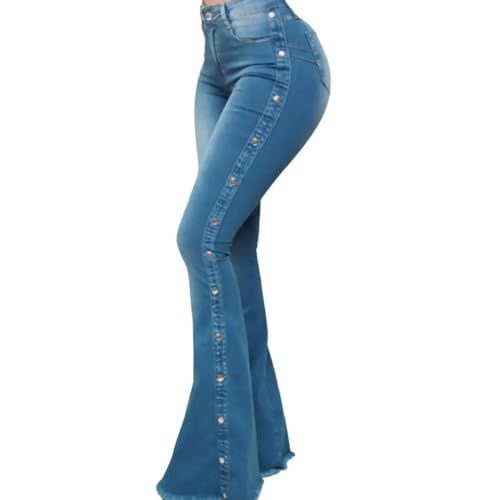 SiVaji Jean Jeans Damen Hose Jeanshose Female Womenhohe Taillentaschen Jeans Weites Bein Flare-Denim-Hose L Blau von SiVaji