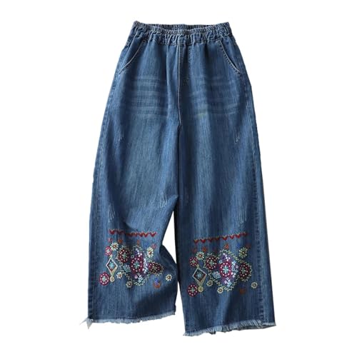 SiVaji Jean Jeans Damen Hose Jeanshose Female Womenvintage Jeans Floral Loose Casual Wide Leg Denim Hose Hose L (57-65Kg) Blau von SiVaji