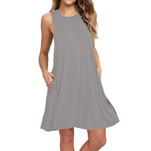 SicongHT Kleid Damen Kleider Sommer lässig T-Shirt Kleider Plain ärmelloses Swing-Kleid über Knielang mit Taschen(Gray,XL) von SicongHT