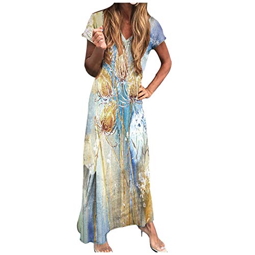 SicongHT Maxikleid für Kleid Damen Kleider Frauen Langer V-Ausschnitt Grafikdruck Ärmellose Trägerkleider Sommer Flowy Sommerkleid(Gold,XL) von SicongHT