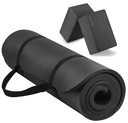 Fitvids Allzweck-Yogamatte, extra dick, hohe Dichte, reißfest, mit Tragegurt und Yoga-Blöcken, Schwarz Fitvids Allzweck-Yogamatte, extra dick, hohe Dichte, reißfest, mit Tragegurt und Yoga-Blöcken, Schwarz von Fitvids
