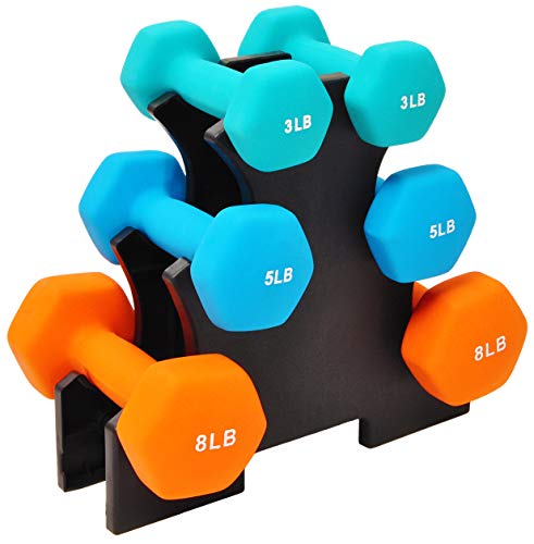 Signature Fitness Set mit 6 Neopren-Hanteln, Handgewichte, rutschfest, Anti-Roll, Sechskant-Form, bunt, 3/5/3,6 kg Paare, 14,5 kg Set mit Gestell von Signature Fitness