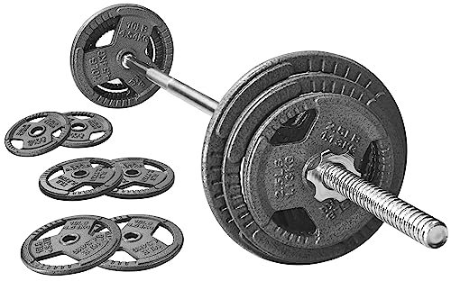 Signature Fitness Standard-Hantelscheiben aus Gusseisen, inklusive 1,5 m Standard-Langhantel mit Sternverschlüssen, 20,4 kg Set (15,9 kg Scheiben + 4,5 kg Langhantel), mehrere Pakete, Stil #5 von Signature Fitness