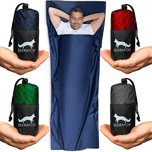 Silkrafox Compact Hüttenschlafsack, Ultraleicht Inlett aus Mikrofaser, Kunst-Seidenschlafsack, Schlafsack Inlay für Reise, Sommer, Tropen, Hütte, blau von Silkrafox