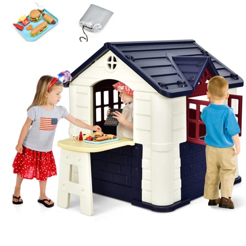 SilteD Kinderspielhaus, Outdoor-Cottage-Rollenspielcenter mit Picknicktisch, Essensspielzeugset, funktionierenden Türen und Fenstern, Indoor-Spielplatzset für 3–8 Jahre (blau) von SilteD