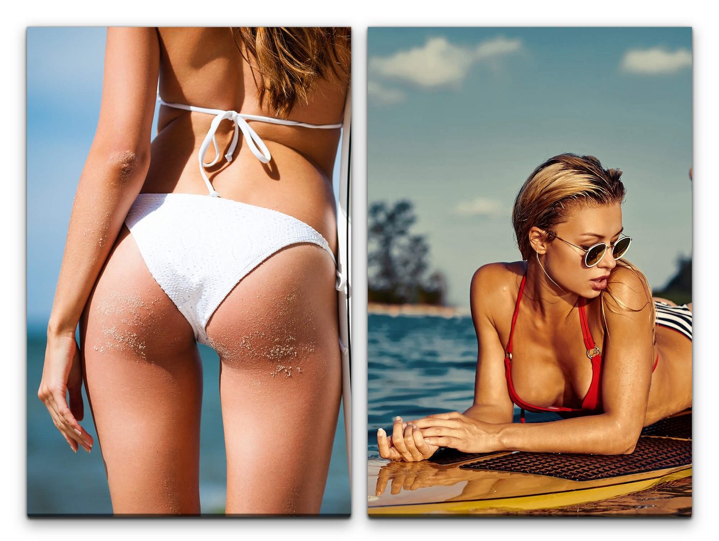 Sinus Art Leinwandbild 2 Bilder je 60x90cm Bikini Sexy Surfbrett Süden Sonnenbrille Urlaub Meer von Sinus Art