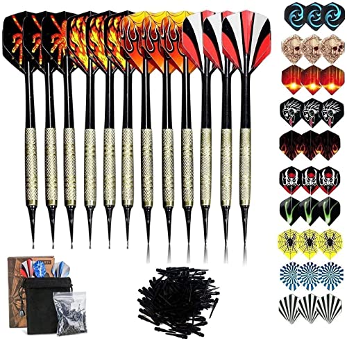 Sinwind Dartpfeile mit Kunststoffspitze, 12 Stück Soft Dartpfeile Set für Elektronische Dartscheibe, Softdart Pfeile mit 30 zusätzlichen Flights 10 Motive, 100 Kunststoff Dartspitzen Zum Austauschen von Sinwind