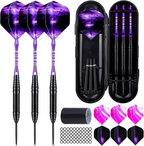 Sinwind Dartpfeile mit Metallspitze, 3 Stück 22 Gramm Profi Steeldarts, Steel Dartpfeile Set 3 Aluminium Schaft mit 9 Flights, 50 Anti-Lose Gummiringe und 1 Dart Tool Sharpener (Lila) von Sinwind