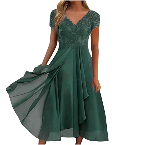 Abendkleid Damen Mesh Halbarm Spitze Floral Elegantes Cocktailkleid Langes Rundhals Unregelmäßiges Plissee Flowy Midi Kleid für Party von Sisifa