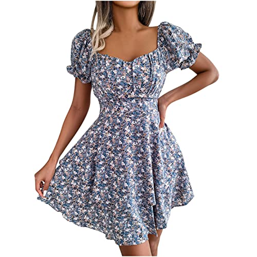 Blumendruck Sommer Kleid Damen Puffärmel Strandkleider A Line Wrap High Taille Boho Kleid Kurzer Swing Kleid Square Neck Minikleid Sommerkleider von Sisifa