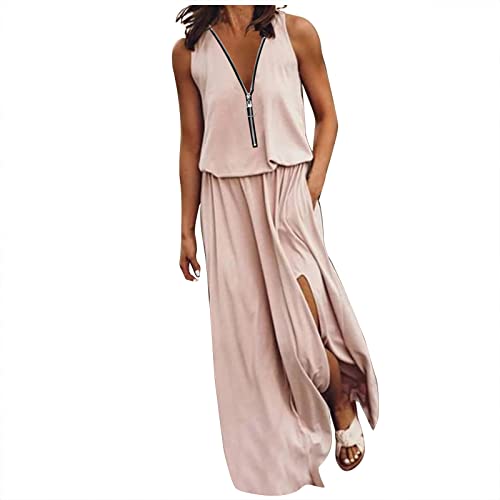 Damen Ärmellos Split Maxi Kleider Sommer Strandkleid Casual Lose Sundress Reißverschluss V-Ausschnitt Langes Kleid Partykleid Abendkleid mit Taschen von Sisifa