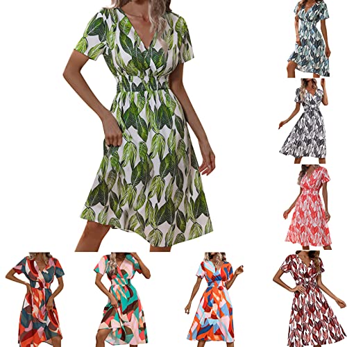 Partykleid Damen Tropical Leaf Print Wrap V-Ausschnitt Midikleid Kurzarm Sommer Strandkleid Langes Kleid A Linie Swing Smocked Kleid Abendkleid Lang von Sisifa