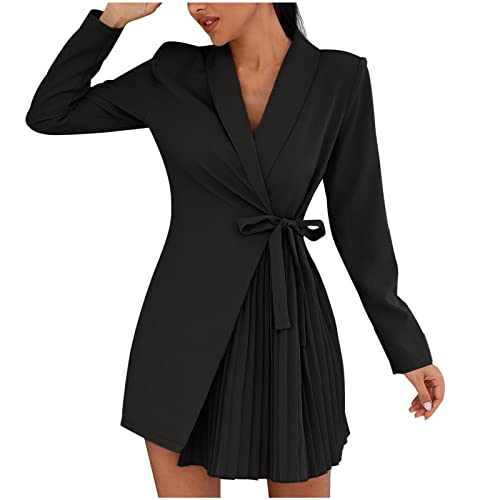 Sisifa Damen Asymmetrisch Blazerkleid Damen Elegant Kragen Lässige Arbeit Büro Krawatte Taille Plissee Langarm Blazer Kleider Partykleid Kurz Minikleid von Sisifa