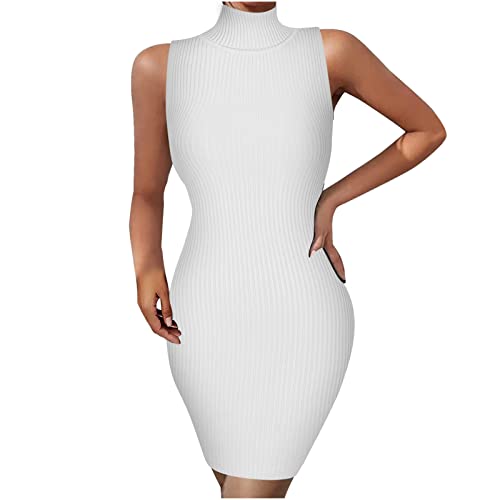 Sisifa Damen Sexy Bodycon Pulloverkleid Ärmellos Geripptes Strickkleid mit Rollkragen Party Club Cocktail Minikleid von Sisifa