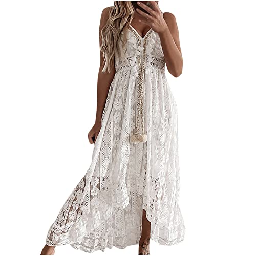 Sisifa-Sommerkleid damen Maxi Sommer Aushöhlen Einfarbig Spitze Lang Kleid Boho Strandkleider Sommerkleid Tiefem V-Ausschnitt Flowy Swing Kleid, L, C-weiß von Sisifa