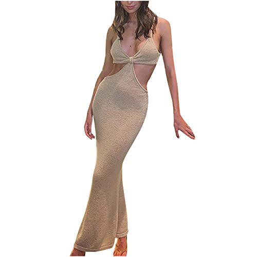 Sisifa Y2k Kleider Damen Sexy Gestrickt Cut Out Bodycon Kleider Spaghettiträger Lang Maxikleid Partykleider Strandkleider Club Streetwear von Sisifa