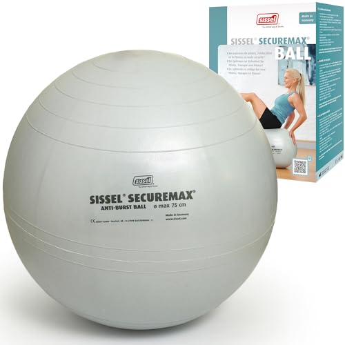 Sissel® SECUREMAX® Gymnastikball Silber | Maße 75 cm | Belastung bis 500 kg | 100% PVC & recyclebar | Für Fitness & Therapie | SECUREMAX-Sicherheitssystem | Inkl. Übungsposter & Stöpselheber von Sissel