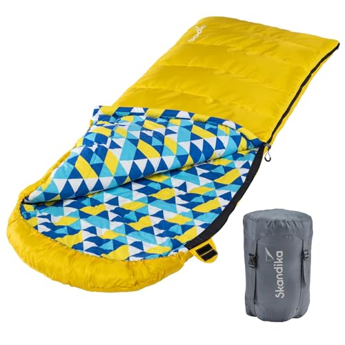 Skandika Deckenschlafsack Dundee Flanell | Baumwolle, Luxus-Qualität, koppelbar, Doppelschlafsack, 3 Jahreszeiten, bis -20°C, 220 x 80 cm/ 220 x 160 cm | Outdoor Camping Schlafsack (Gelb RV rechts) von Skandika