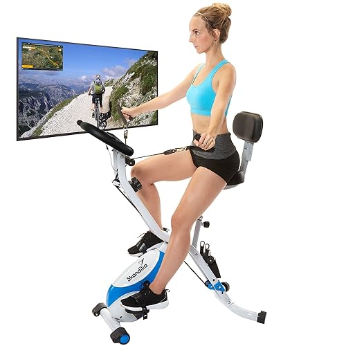 Skandika Fitnessbike Foldaway X-3000 X-Bike mit Lehne, Ergometer Fahrrad, klappbarer Hometrainer | Multi-Gym 4 in 1 Heimtrainer, Liegeergometer, Beintrainer, Kraftstation | blau/weiß von Skandika