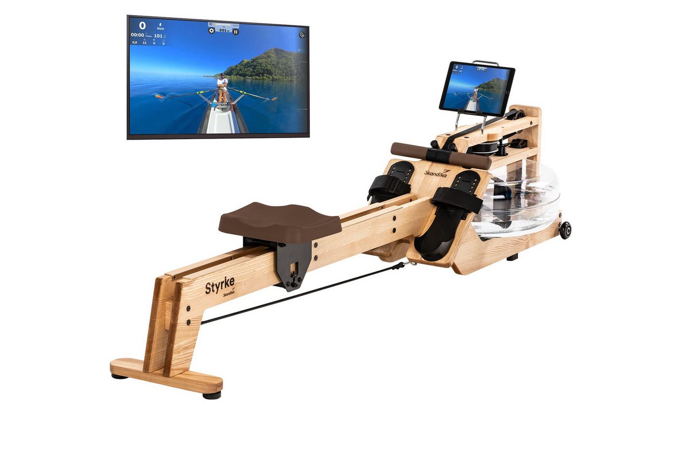 Skandika Rudergerät Styrke Wasser Rudermaschine für Zuhause aus Holz, Made in Germany, bis 180 kg, Bluetooth, Kinomap App, massive Esche, natürliches Rudern von Skandika