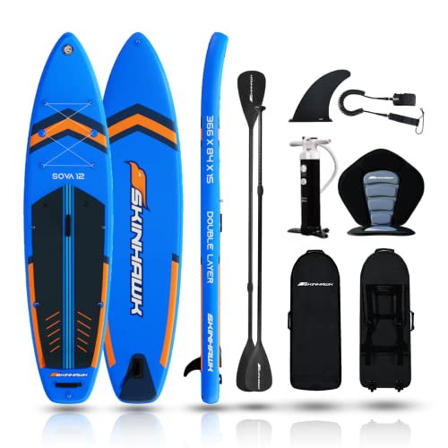 SKINHAWK SOVA 12 SUP Board Set - Aufblasbares Stand Up Paddle Board - Allround Board - 366 x 84 x 15cm von Skinhawk