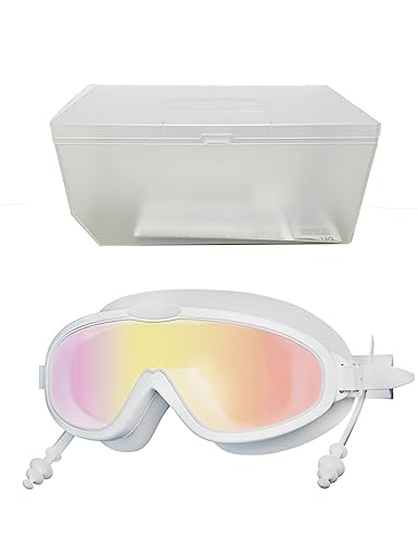Skran Anti-Fog Schwimmbrille Unisex für Erwachsene, Polarisiert Schwimmbrille mit Ohrstöpsel, Breiten Gläsern, UV-Schutz, Selbstjustierender Nasensteg (Weiß) von Skran