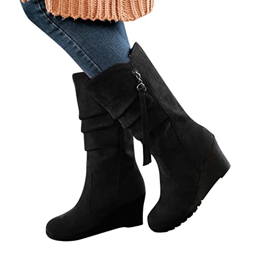 Cowboy Stiefeletten Damen, Langschaft Stiefel Damen Wildleder Halbstiefel mit Blockabsatz Reißverschluss Winterstiefel Lange Stiefel Casual Langschaft Boots Winterschuhe von Sobzia