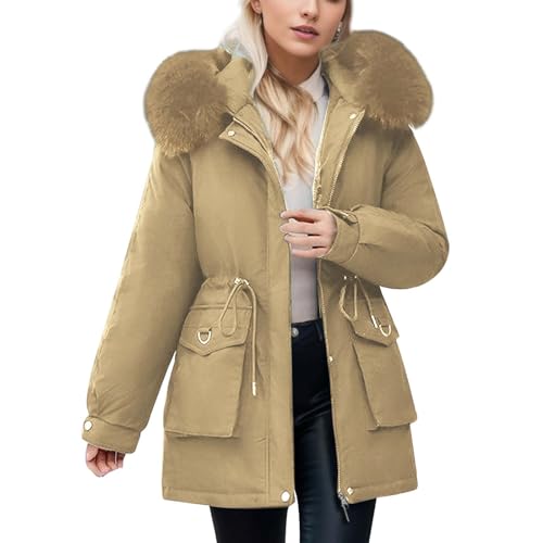 Dufflecoat-Verschluss, Jacke Damen Lang Gefüttert Mantel, Plüschjacke Puffer Steppmantel Warm Funktionsparka Winter Sweatjacke Elegant Winterjacke Wintermantel mit Fellkapuze Parka Große Größen von Sobzia