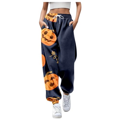 Jogginghose Damen Baggy, Kürbis Geist Schlaghose für Damen - Halloween Leggings Mode Stretch High Waist Hosen Schlank Palazzo Hose Disco Kostüm Yogahose Rave Festival Outfit von Sobzia