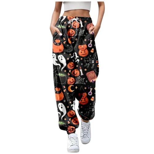 Jogginghose Damen Lang, Jogginghose Damen Große Größen Stretch Freizeit Yogahose Lang Pumpkin Skelett Print Sporthose Halloween Casual Loose Laufhose Hip-Hop Stofflatzhose Gummibund Sporthosen von Sobzia