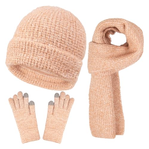 Kinder-mütze, Mütze Schal Handschuhe Set Damen 3 Stücke Warme Wintermütze Winterschal Strick Winterzubehör Winterset 3 in 1 von Sobzia