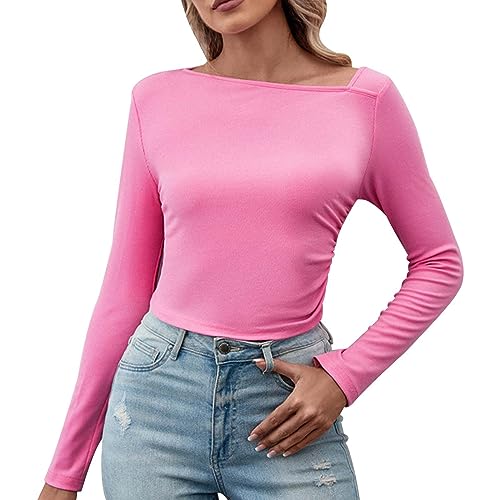 Langarmshirt-Damen, Damen Langarmshirt Skims Einfarbig Basic T-Shirt Crop Top Slim Fit Oberteile Y2K Langarm Casual Rundhals Tee Shirt von Sobzia