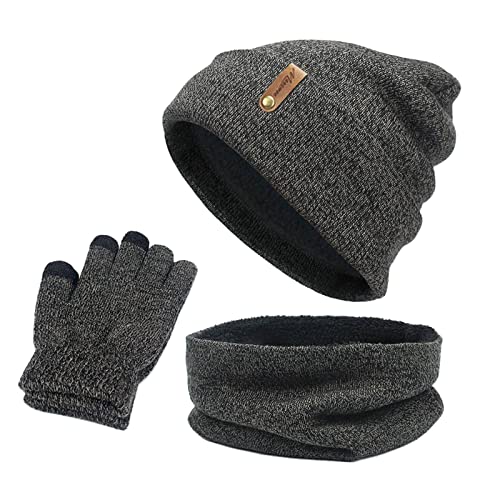 mütze-Kinder, Wintermütze Schal Handschuhe Set - Unisex Beanie Strickmütze Winterschal Thermo Handschuhe Fleecefutter Warme Knit Hut Loop Schal rutschfeste Handschuhe für Herre Ski 3-in-1 Winter-Set von Sobzia