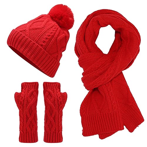 mütze-und-schal-Kinder-Set, Damen Wintermütze Schal Handschuhe Set, 3in1 Strickmütze Snood Schal Handschuhe Beanie Hut, Warme Mütze Winter Hut für Damen Herren von Sobzia