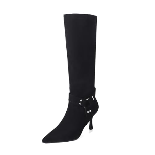 SofLuxe Hohe Wildlederstiefel,Stiletto-Stiefel mit Hohem Absatz,Bequeme und Vielseitige Stiefel,Nieten, Gürtelschnallen,Rindsledersohlen,Black,36 von SofLuxe