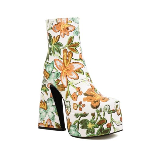 SofLuxe Kurze Stiefel mit Dickem Absatz und Quadratischer Zehenpartie, Stiefel mit Mittlerer Wadenhöhe und Bestickten Blumen, Freizeitstiefel für Damen,Yellow,37 von SofLuxe