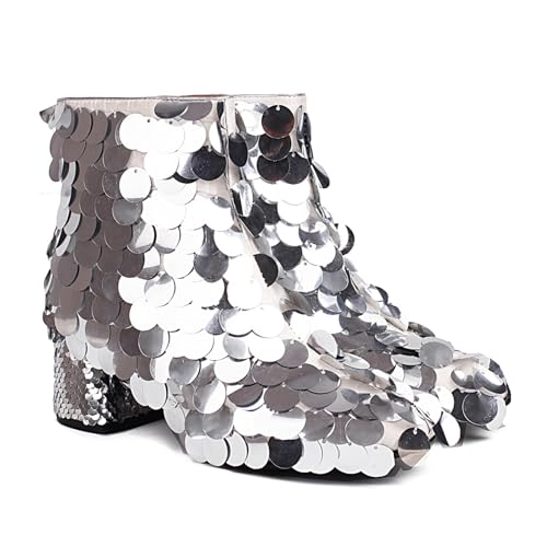 SofLuxe Kurze Stiefel mit Pailletten und Mittelhohem Absatz, Bequeme, rutschfeste Stiefel für Damen, Stiefel mit Quadratischer Zehenpartie und Dickem Absatz,Silver,34 von SofLuxe