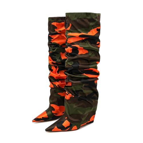 SofLuxe Lange Stiefel, Camouflage-Keilstiefel, Damenstiefel, Mikrofasermaterial, Einzigartige Persönlichkeit, Für Alle Gelegenheiten Geeignet,Black,34 von SofLuxe