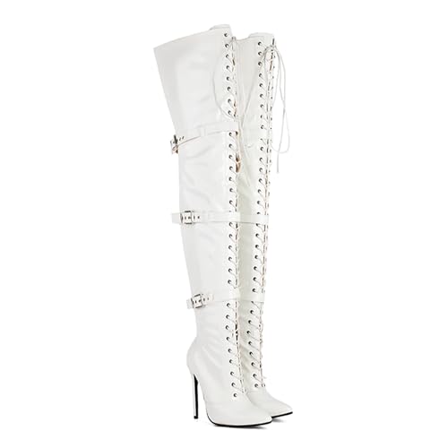 SofLuxe Overknee-Stiefel, Damenstiefel mit Hohen Absätzen, Schnürdesign, Hohe Stiefel, Bequemes Mikrofaserfutter,White,36 von SofLuxe