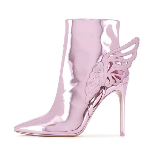 SofLuxe Spitz Zulaufende Stiletto-Stiefel, Glänzende Kurze Stiefel mit Hohem Absatz, Schleifenverzierung,Seitlicher Reißverschluss,Pink,34 von SofLuxe