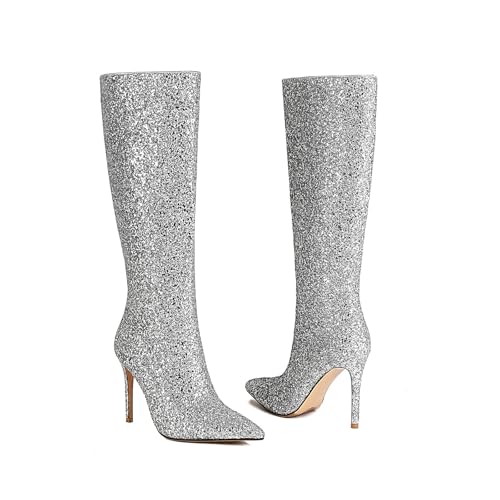 SofLuxe Spitz Zulaufende Stilettostiefel, Hohe Stiefel mit Pailletten, Klassischer Schuhschrank-Stil, Geeignet für Versammlungen, Partys, Abendessen,Silver,36 von SofLuxe